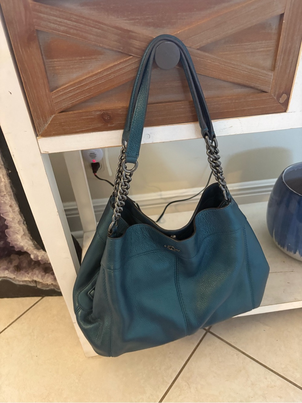 Coach Pebbled Leather Chain-Handle Shoulder Bag in Teal